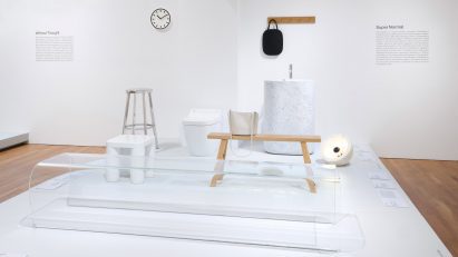 Exhibition installation of furniture on a plinth