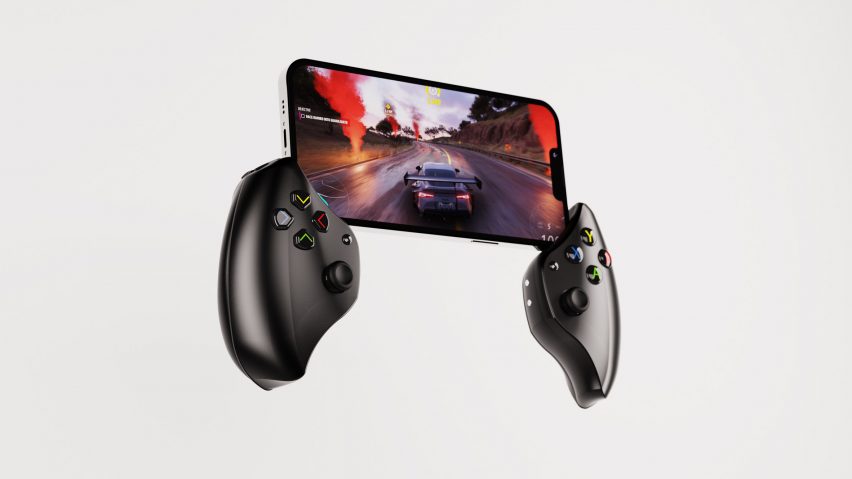 A visualisation of a handheld gadget in tones of black, with a screen displaying a car driving along a road.