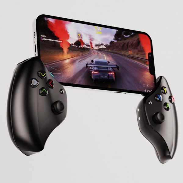 A visualisation of a handheld gadget in tones of black, with a screen displaying a car driving along a road.