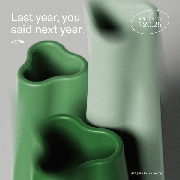A photograph of three vases in curved, abstract forms and tones of green. There is white text over the image.