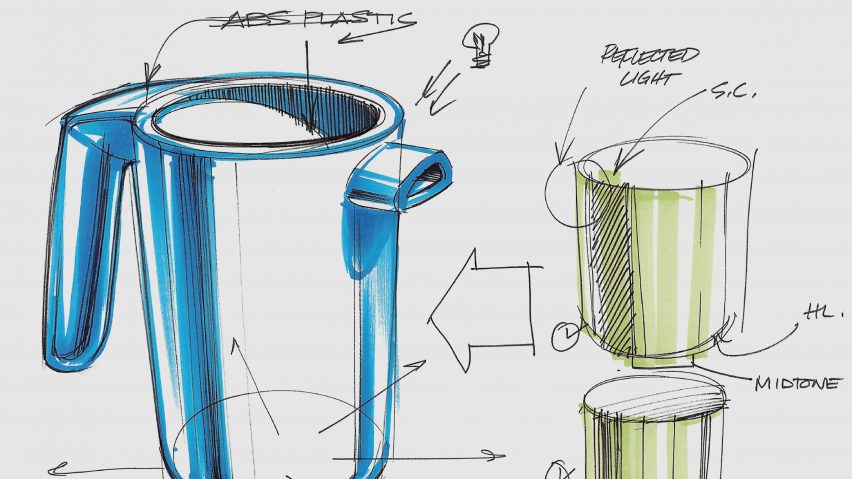 A design sketch of a jug and a vessel in tones of blue and green, against a grey backdrop. There are notes and labels around the drawings in tones of black.