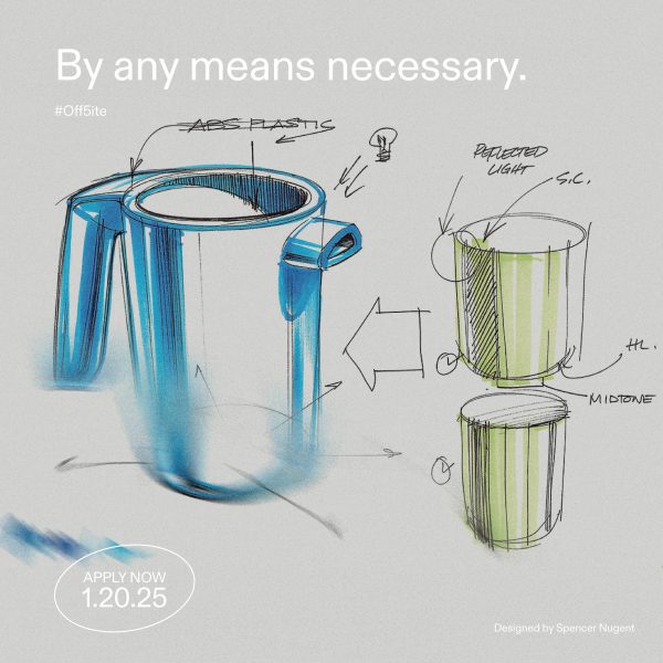 A design sketch of a jug and a vessel in tones of blue and green, against a grey backdrop. There are notes and labels around the drawings in tones of black.