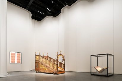 OMA exhibition design with transluscent fabric walls