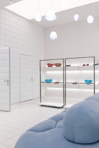 Padded squares covering a fitting room wall