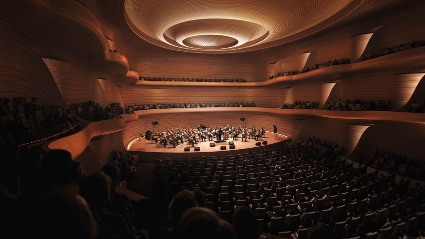 Curved timber theatre stage by BIG