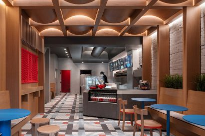 Pantry eatery with woven ceiling and tartan mosaic floor