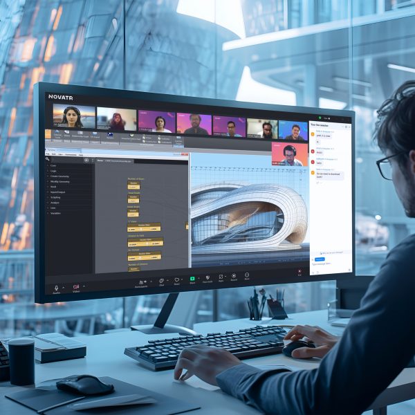 A visualisation of a person at a desk, on a desktop computer.