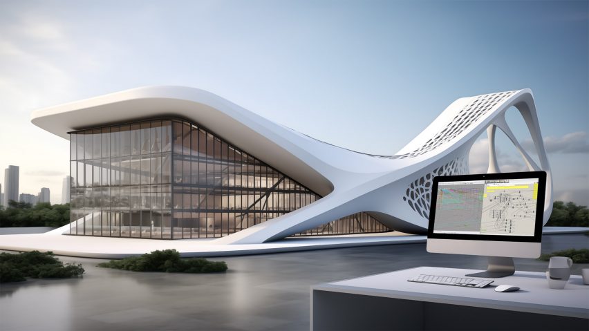 A visualisation of a building in an abstract shape, in tones of white, against a blue sky.