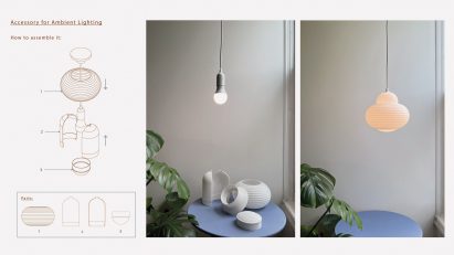 Photographs of a suspended light, with design diagrams next to it.