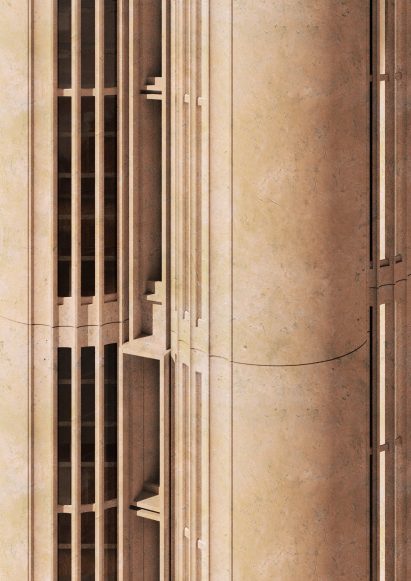 Close up of concrete Papuli Tower in Tirana