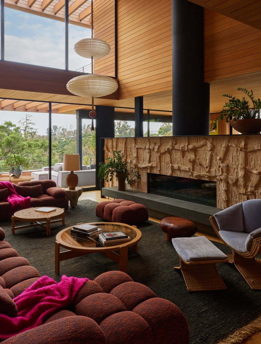 Interior of cedar-clad Pacific Palisades House