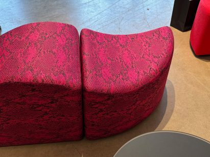 Furniture is on display upholstered in the Wild at Heart collection