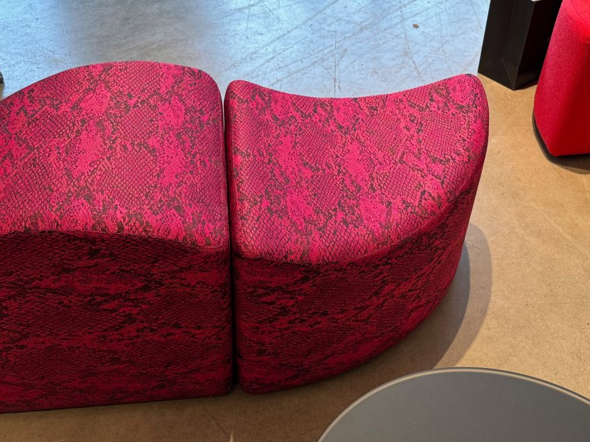 Furniture is on display upholstered in the Wild at Heart collection