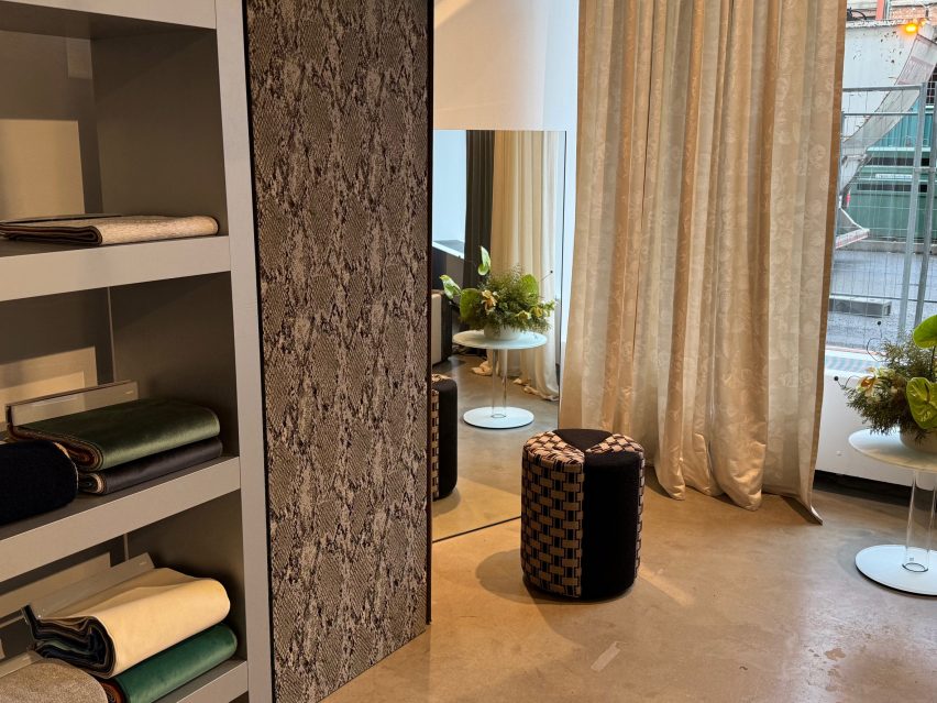 showroom with patterned fabric panel