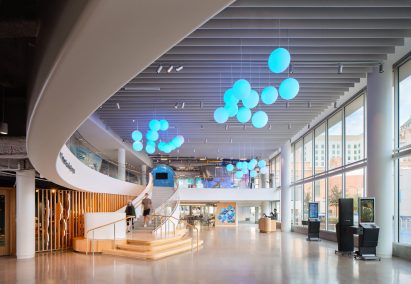 Lobby of La Nube in El Paso with blue orb lights