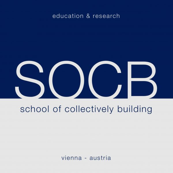 An image in tones of blue and white, with large white text in the centre reading 'SOCB', surrounded by smaller pieces of text