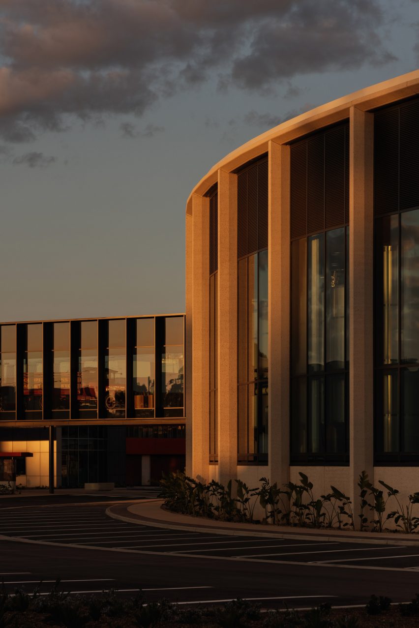full height glazed, curved building
