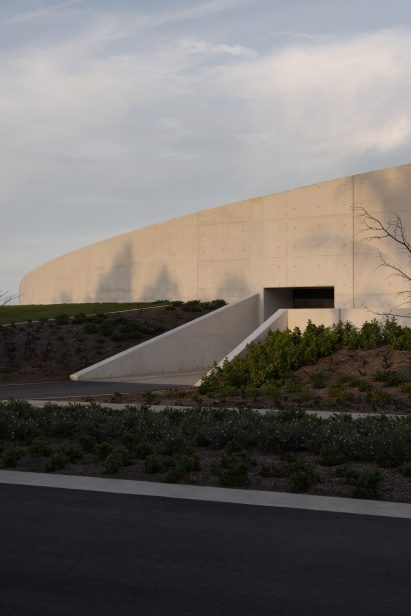 Concrete builing with walkway ramp
