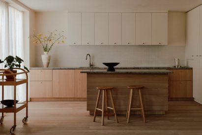 Minimalist kitchen with wooden lower cabinets and furniture