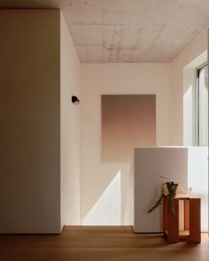Stairwell landing with sharp shadow contrasts