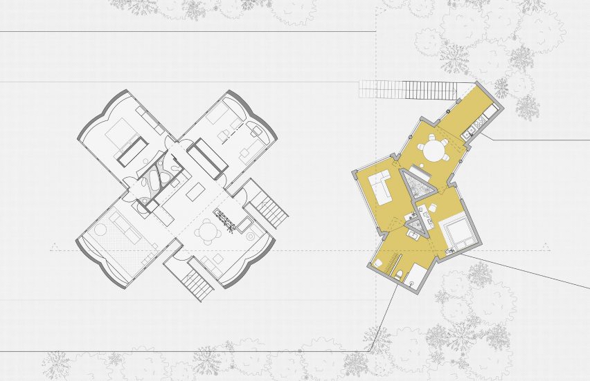 A digital illustration of a floor plan, from above, showing building structures in tones of white and yellow.