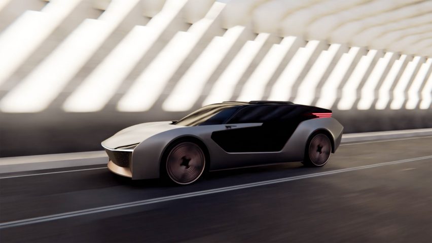 A visualisation of a grey car driving through a white tunnel