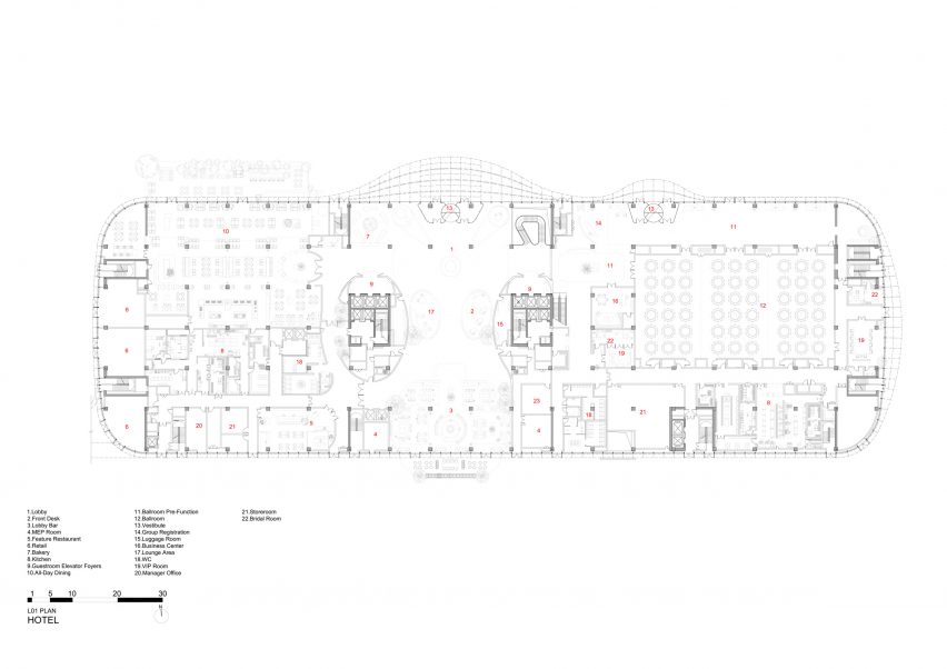 Hotel first floor plan at the Capital International Exhibition and Convention Centre by Zaha Hadid Architects