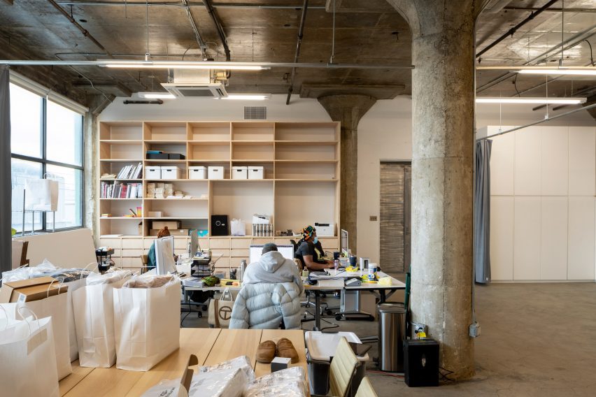 Studio with wooden shelves