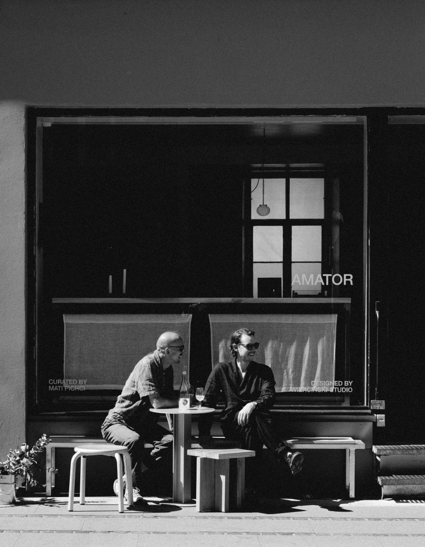 Black and white photograph of Amator's owner, Mati and the designer Adam Wiercinski.