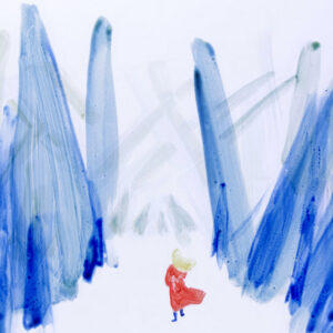 Abstract illustration of a person surrounding by blue buildings