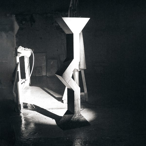 Black and white image of angular sculpture