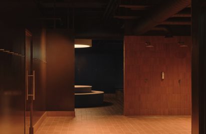 Red terracotta-clad sauna