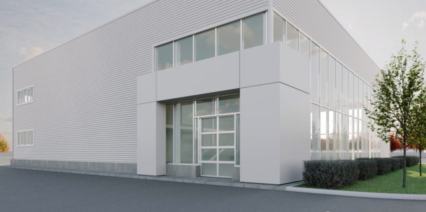 Rendering of a building with a white exterior surrounded by greenery in summer