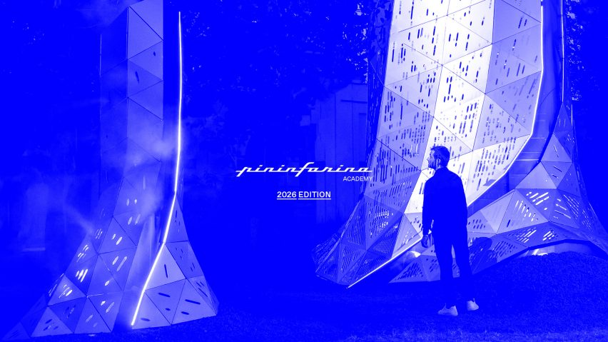 a blue and white poster for a course at pininfarina academy