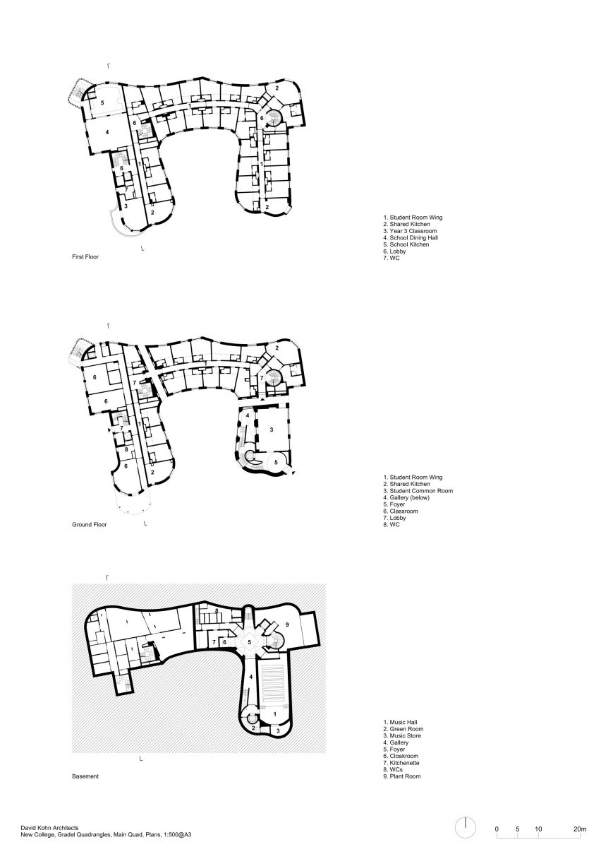 Floor plans of Gradel Quadrangles at New College Oxford by David Kohn Architects