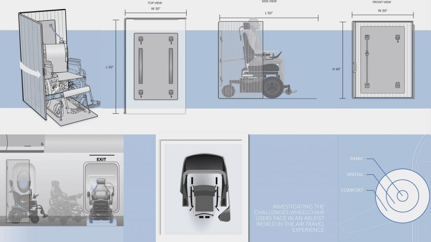 multiple diagrams detailing the design of a wheelchair