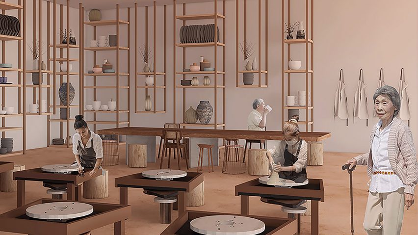 a visualisation of a space in which people are crafting ceramics