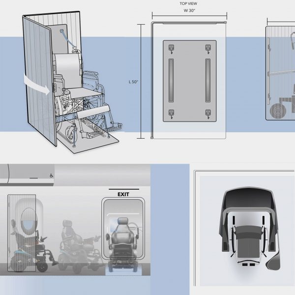 multiple diagrams detailing the design of a wheelchair