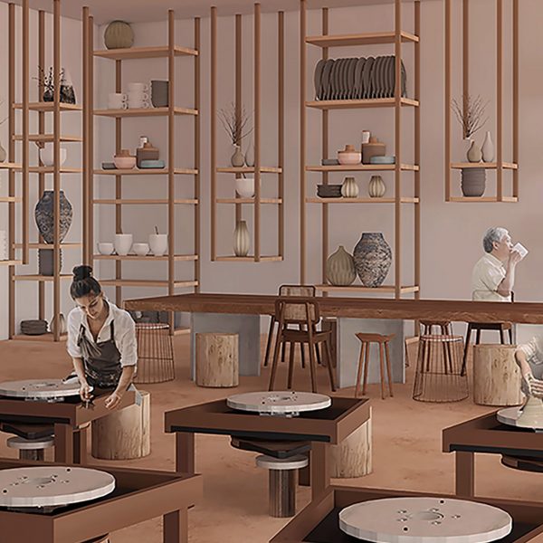 a visualisation of a space in which people are crafting ceramics