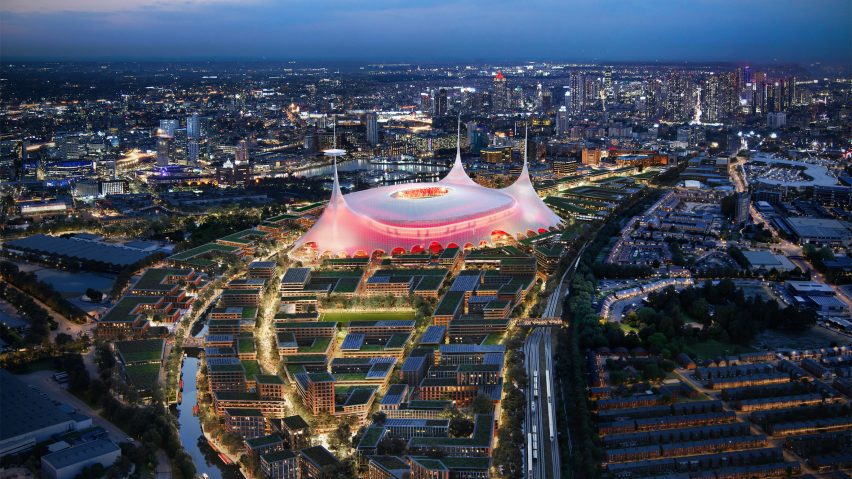 Aerial render of Manchester United football stadium by Foster + Partners