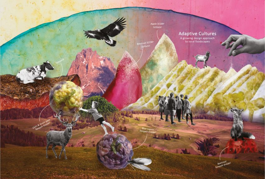 A image collage showing a pink backdrop with mountains and animals in tones of green, blue, purple and beige.