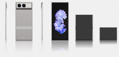 Rendering showing the Infinix Zero Series Mini Tri-Fold phone in three different modes from tall to compact