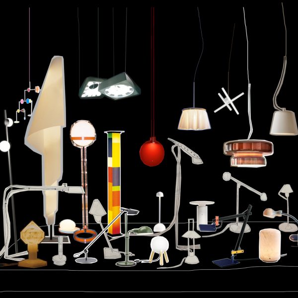 A digital collage of different lighting designs against a black backdrop.