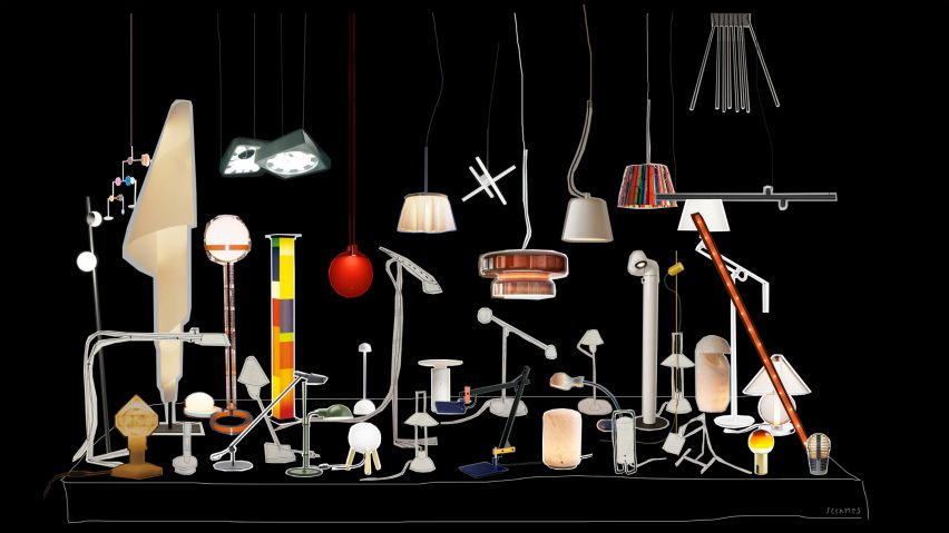 A digital collage of different lighting designs against a black backdrop.