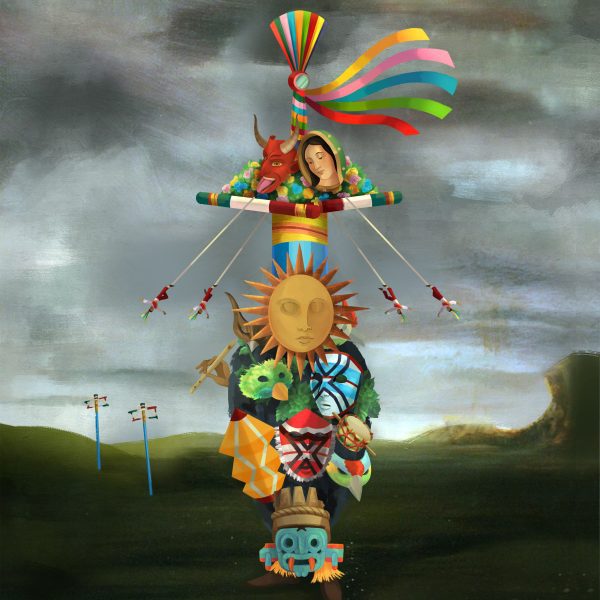 A digital illustration of a pillar with multiple faces on it