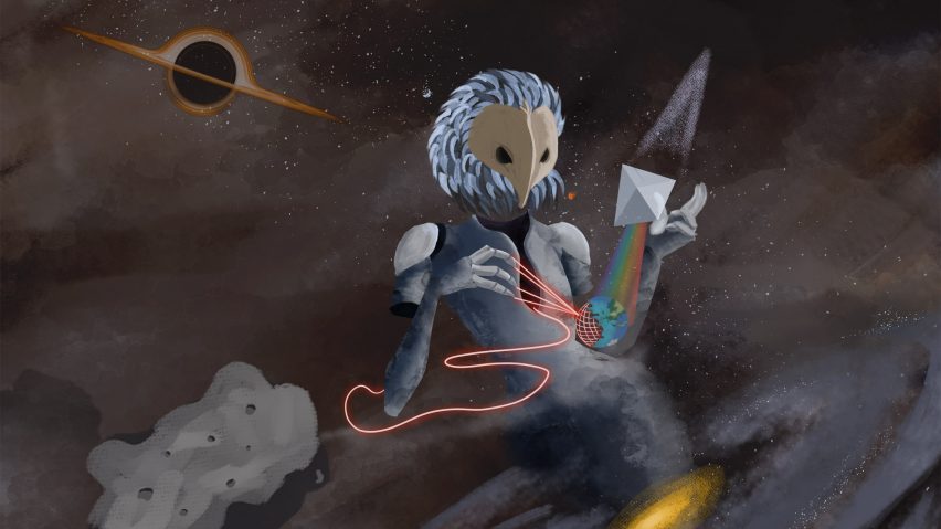 A digital illustration of a creature in tones of grey