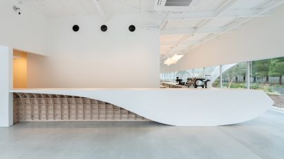 Interior view of cafe by Kengo Kuma and Associates