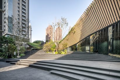 View of courtyard within museum by Kengo Kuma and Associates
