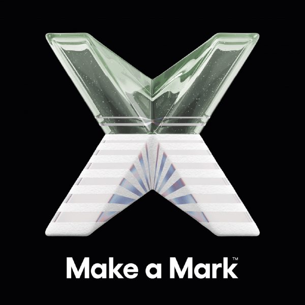 Two images beside one another; one displaying an exhibition in dark tones and another a logo in the shape of an X, with the words 'make a mark' underneath in white text