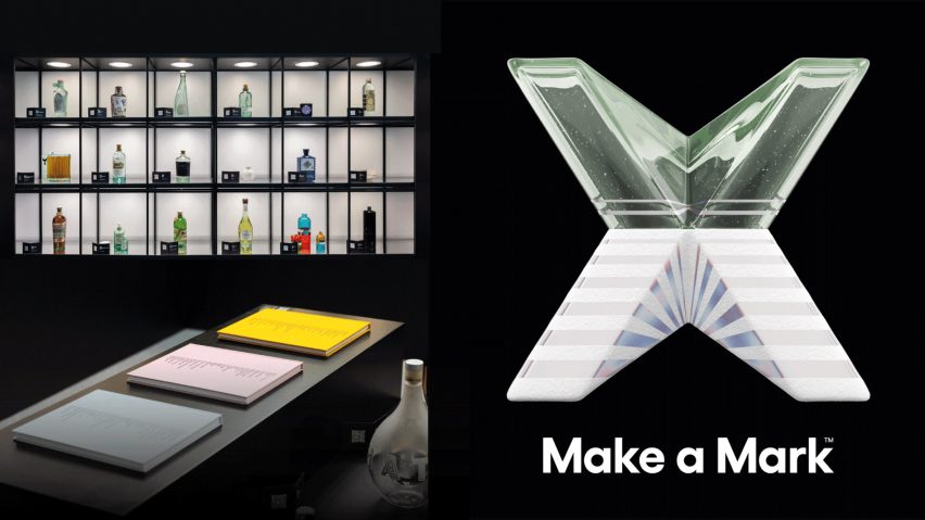 Two images beside one another; one displaying an exhibition in dark tones and another a logo in the shape of an X, with the words 'make a mark' underneath in white text